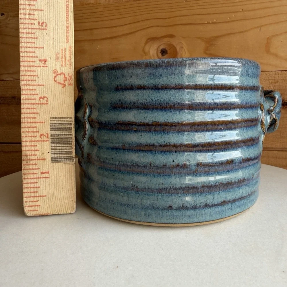 Handmade Pottery Bread Bowl Double Pot Blue Cottage Core Decor Baugnet